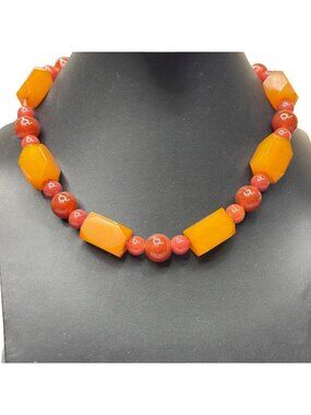 Vintage Amber & Red Bead Necklace Screw Clasp Collar Choker Bib Authentic Modern